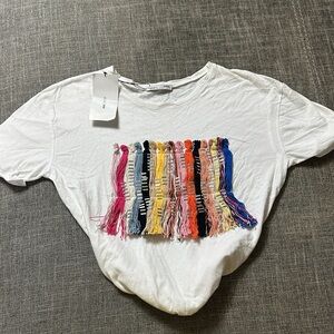 Zara White Tee with Multicolor Fringe